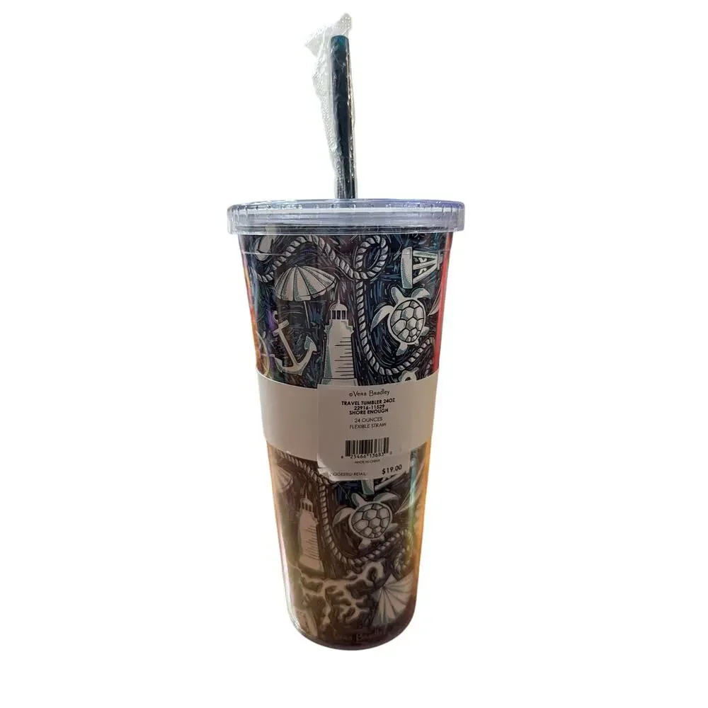 Vera Bradley Travel Tumbler 24 oz Shore Enough Blue & White Ocean Beach New